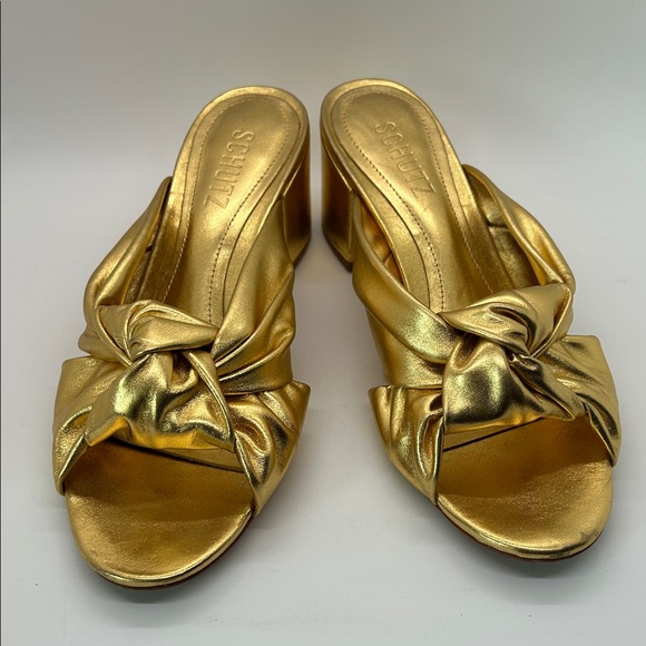 Schutz Dazzling Gold Block Heel Slide Mindy Mules Sandals Shoes **Size 7.5** 🌟🌟 - Picture 3 of 11